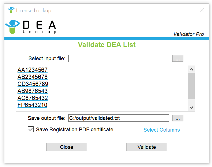 DEA List Validator interface