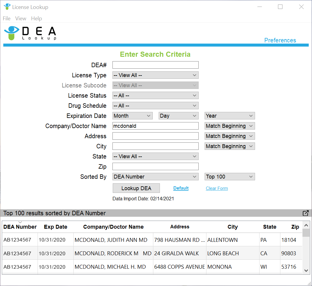 DEA License Lookup main search screen